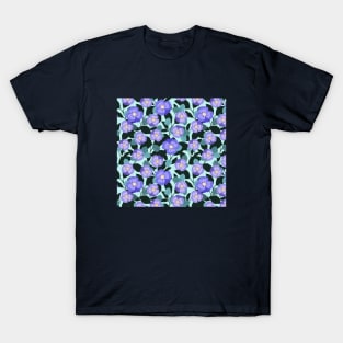 Fancy Pansy floral surface pattern with dark green leaves on pale aqua background T-Shirt